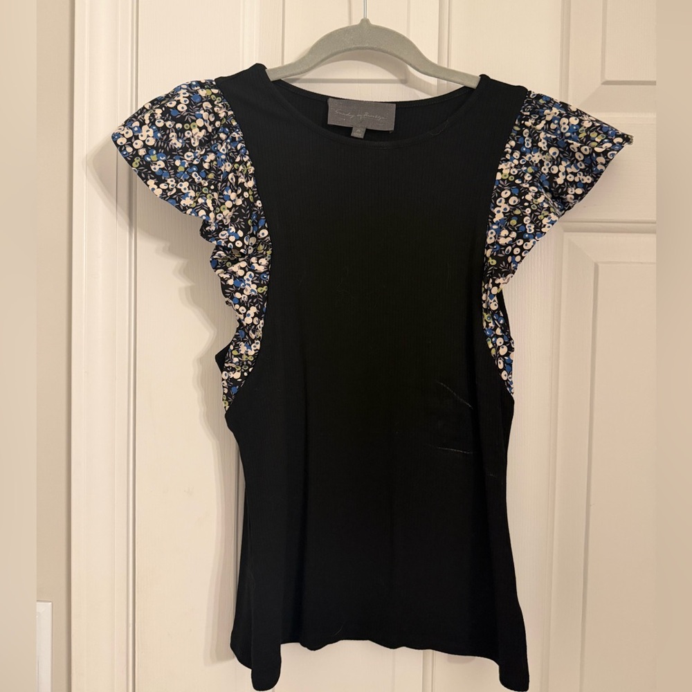 Sunday in Brooklyn Black Tank with Blue & White Floral Ruffle Shoulders